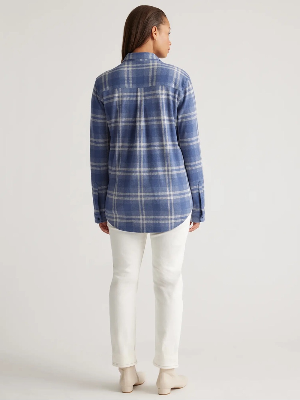 NWT Quince Stretch Sweater Fleece Shirt Indigo Check Plaid Blue XS Button Up - Picture 4 of 12